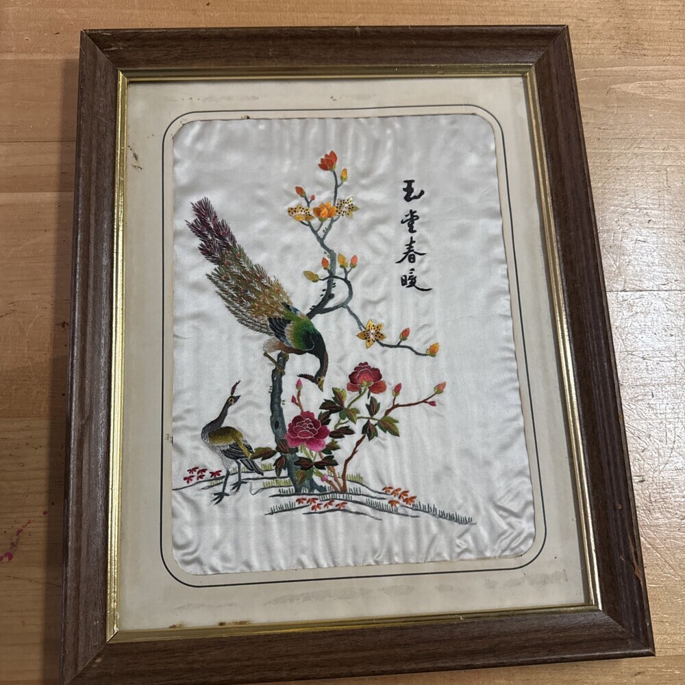 Vintage Chinese Silk Embroidery Floral Art With Peacock  No Frame.